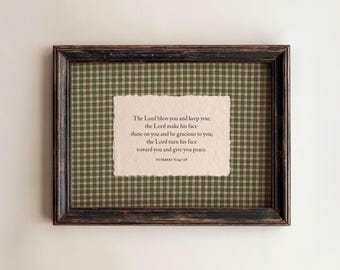 Vintage Green Gingham Print, The Blessing Wall Art Numbers 6:24-26, Bible Verse Rustic Christian Home Decor (PHYSICAL PRINT)