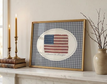 American Flag Fourth of July Decor, Vintage America the Beautiful Wall Art, Red White and Blue Gingham, Rustic Farmhouse (DIGITAL DOWNLOAD)
