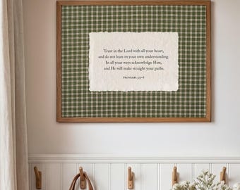 Trust in the Lord Christian Wall Art Proverbs 3:5-6, Scripture Print Rustic Decor, Vintage Green Gingham Plaid (DIGITAL DOWNLOAD)