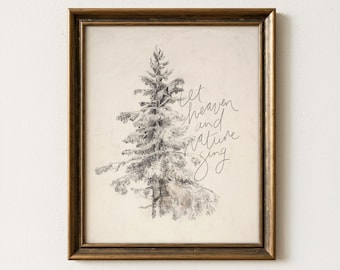 Vintage Christmas Tree Wall Art Printable, Let Heaven and Nature Sing Quote, Joy to the World Lyrics