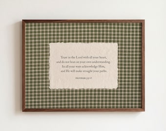 Proverbs 3:5-6 Scripture Print, Trust In The Lord Farmhouse Bible Verse Wall Art, Rustic Plaid Cottage Christian Poster, Faith Home Decor