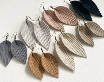 Neutral fall leather leaf earrings, Leather earrings, Gift for her, Pinched leaf leather petal earrings
