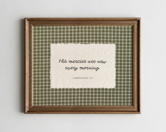Gingham Bible Verse Wall Art Lamentations 3:23 Vintage Scripture Print New Mercies, Rustic Christian Home Decor (Digital Download)