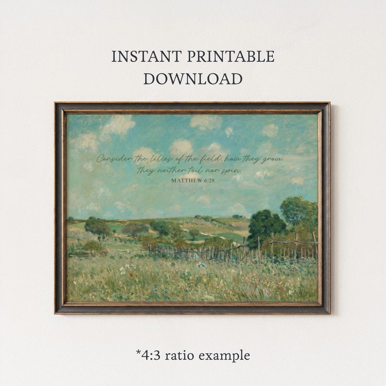 Cottage Scripture Image Vintage Landscape Bible Verse Wall Art Download Matthew 6:28 Consider ...