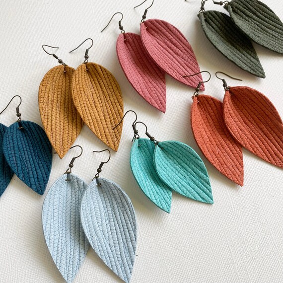Leather Leaf Earrings Leather Earrings Gift for Her Pinched Etsy