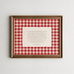 Gingham Bible Verse Wall Art, Love is Patient 1 Corinthians 13:4-7, Red Christian Home Decor, Vintage Scripture Physical Print