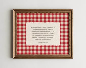 Gingham Bible Verse Wall Art, Love is Patient 1 Corinthians 13:4-7, Red Christian Home Decor, Vintage Scripture Physical Print