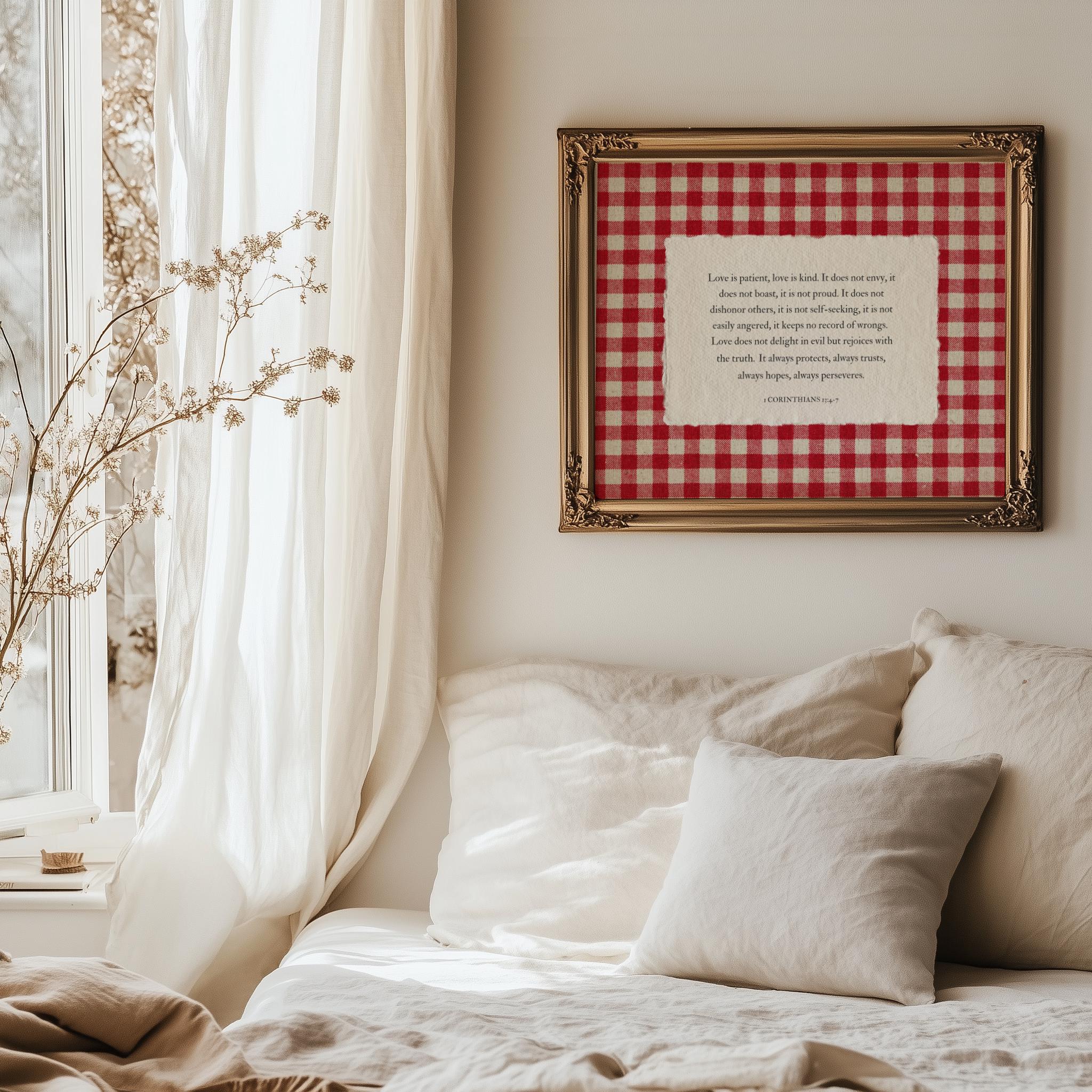 Gingham Bible Verse Wall Art, Love is Patient 1 Corinthians 13:4-7, Red ...