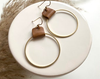 Leather Earrings Handmade Brass Hoop Earrings Leather Boho Chic Dangle Statement Earrings