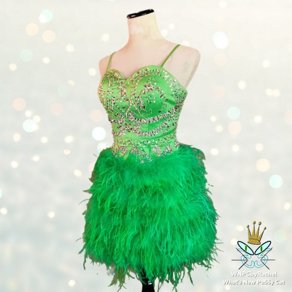 1980s Green Beaded and Marabou Feather Costume Dr… - image 6