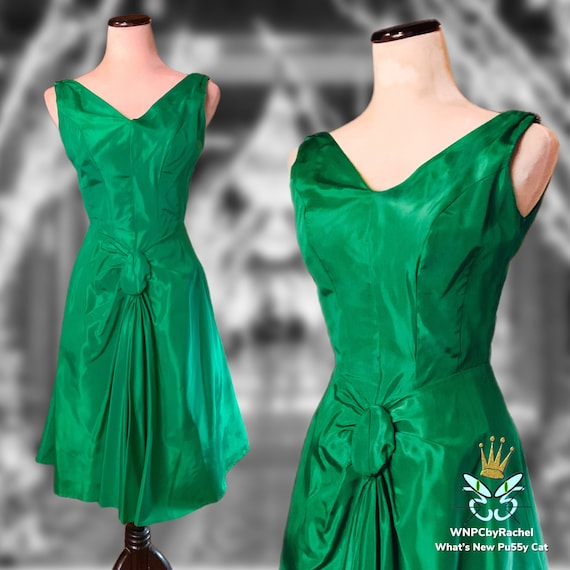 1950s Jewel Green Faille Party Dress, Small - image 1