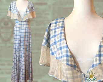 1930s Blue Cotton Plaid Caplet Gown, Extra Small-Small