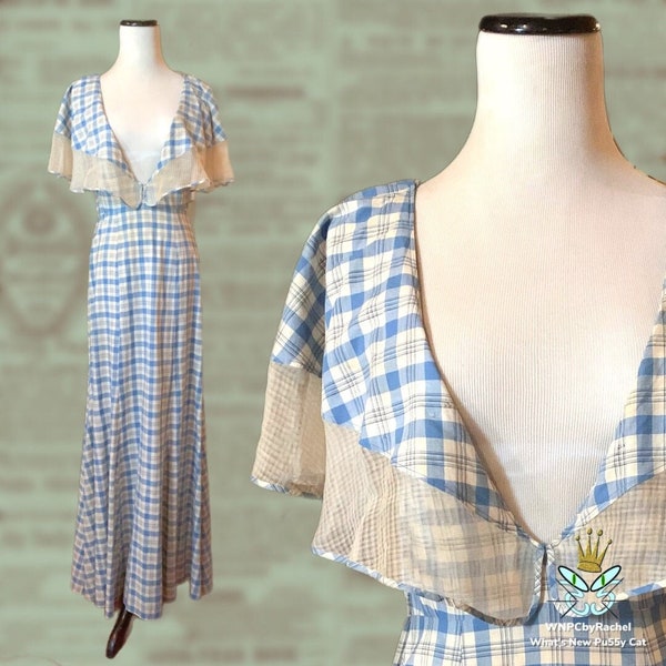 1930s Blue Cotton Plaid Caplet Gown, Extra Small-Small