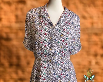Blusa con botones delanteros de poliéster y estampado floral Marlis de los años 80 y 40, talla mediana