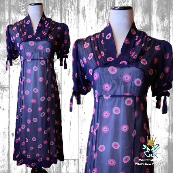 1930s Purple Bullseye Print Bias Silk Chiffon Dress, Small