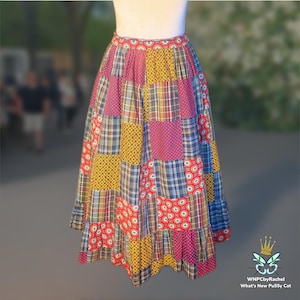 70er Jahre Bauwoll Patchwork Midirock, Medium