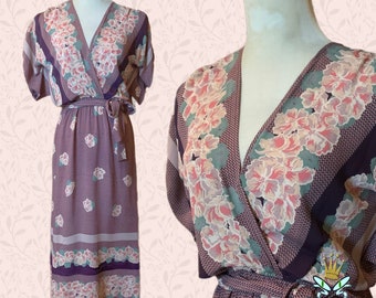Vestido de crepé con estampado de borde estilo boho de los años 70, talla pequeña-mediana.