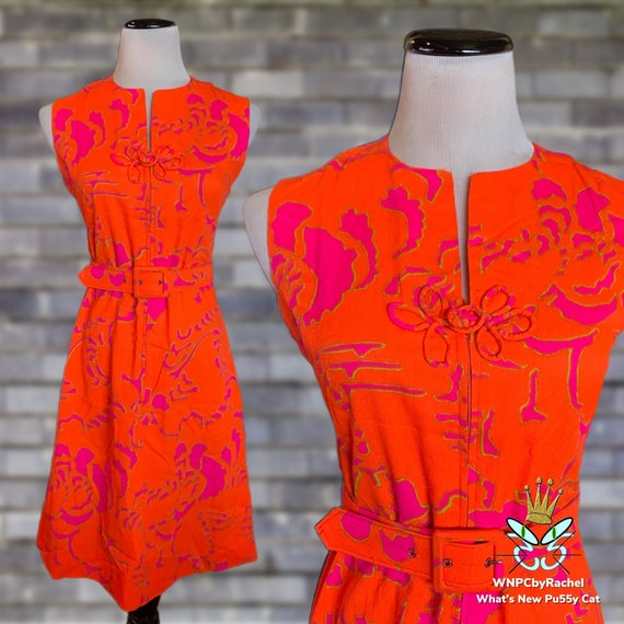 1960s Bright Orange Pink Zip Front Dress, Small-M… - image 1
