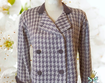 1980s St. John Saks Fifth Avenue Aubergine Houndstooth Knit Jacket, Medium