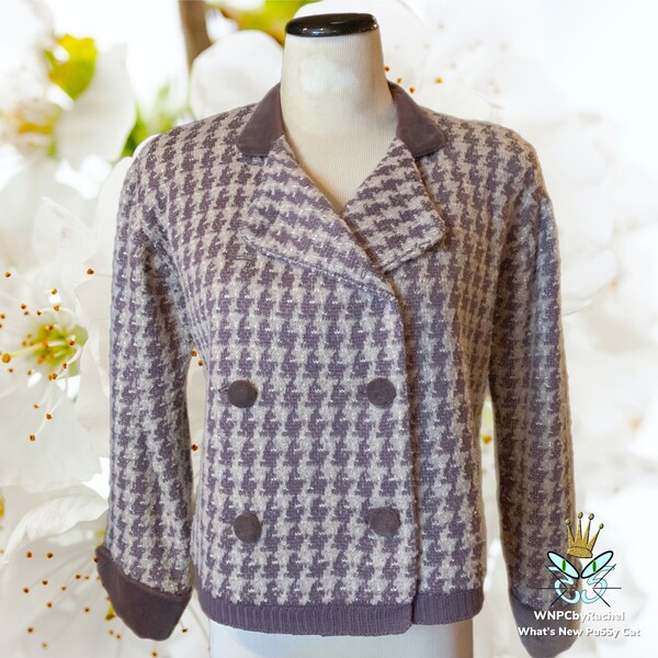 1980s St. John Saks Fifth Avenue Aubergine Houndstooth Knit Jacket, Medium