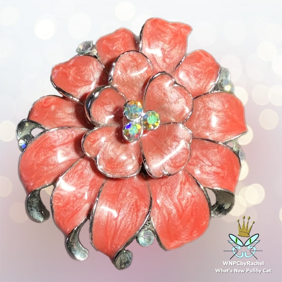 1980s Pink Carnation Enamel and Rhinestone Brooch - image 1