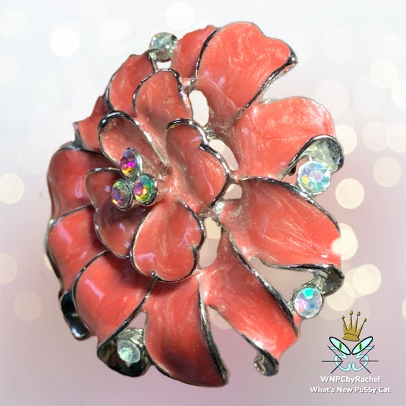 1980s Pink Carnation Enamel and Rhinestone Brooch - image 3