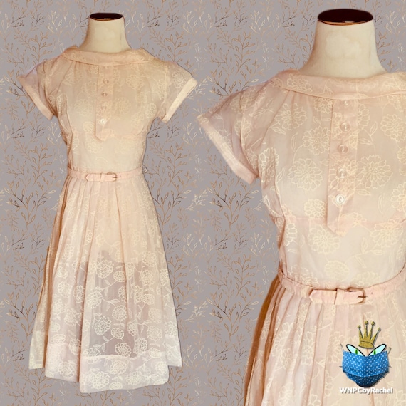 1950s Pink Flocked Organza Dress, Small-Medium