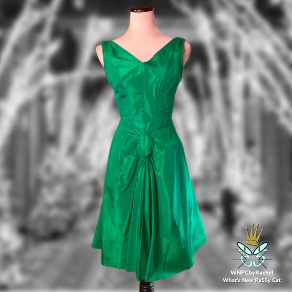 1950s Jewel Green Faille Party Dress, Small - image 2