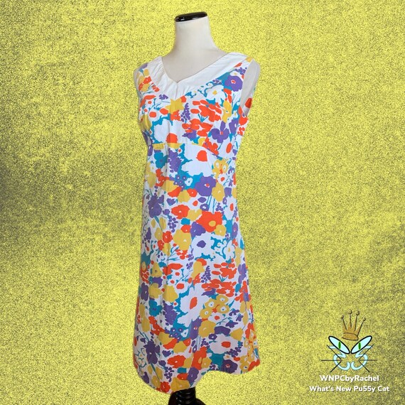 1960s White Floral Cotton Shift Dress, Extra Large - image 3
