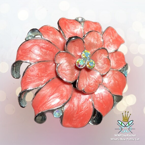 1980s Pink Carnation Enamel and Rhinestone Brooch - image 2