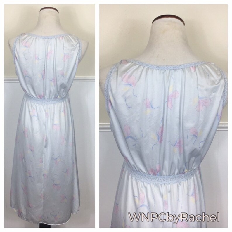 1960s Miss Elaine Babydoll Nightgown Powder Blue Floral Nylon Nightgown Medium-Large