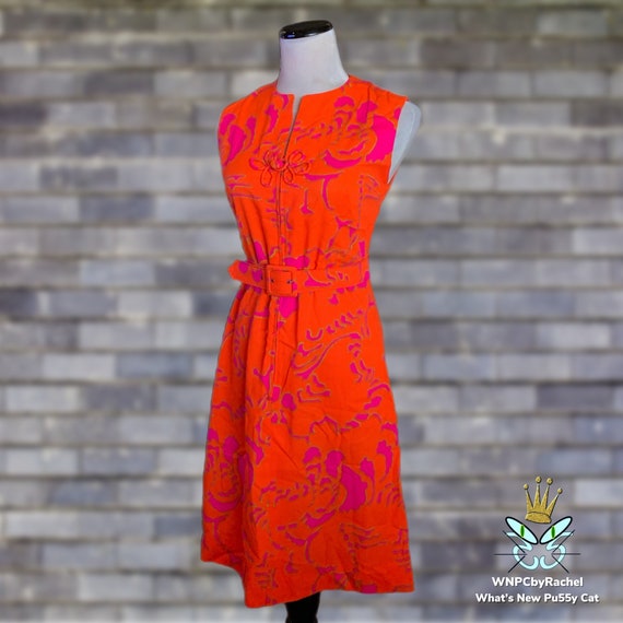 1960s Bright Orange Pink Zip Front Dress, Small-M… - image 4
