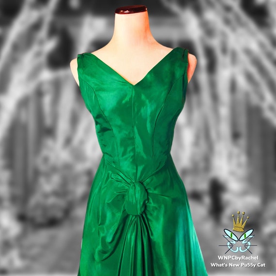 1950s Jewel Green Faille Party Dress, Small - image 3