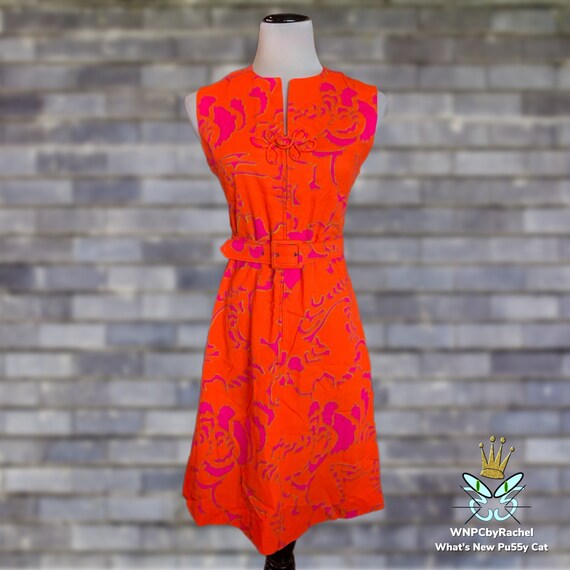1960s Bright Orange Pink Zip Front Dress, Small-M… - image 2