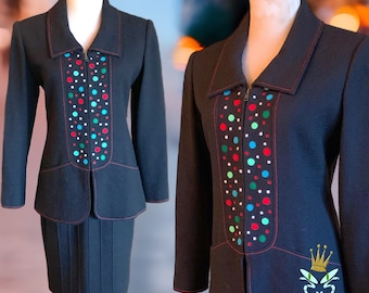 Traje de falda de crepé de lana con lunares de los años 90, talla pequeña-mediana