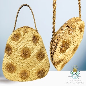 1960s Bonnie&#39;s Gilt Filigree Gold Beaded Rhinestone Evening Bag - Made in Hong Kong