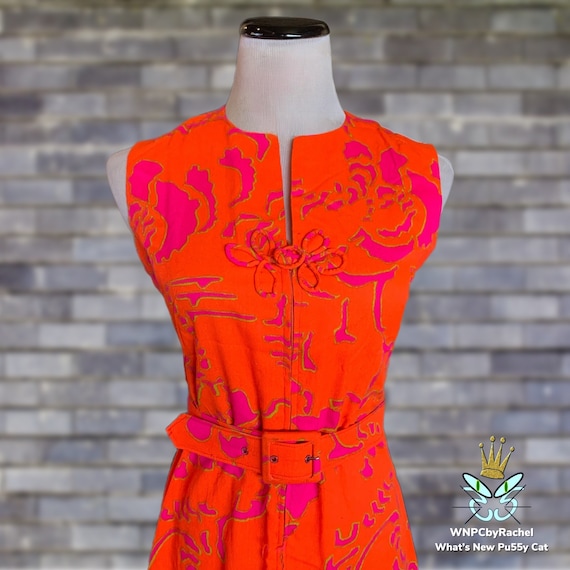 1960s Bright Orange Pink Zip Front Dress, Small-M… - image 3