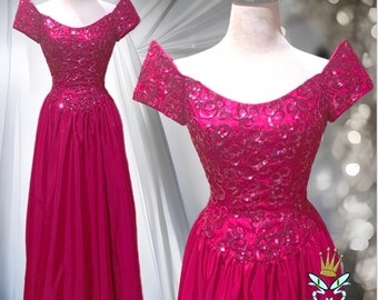 1980s Mike Benet Magenta Sequin Taffeta Ball Gown, Extra Small-Small