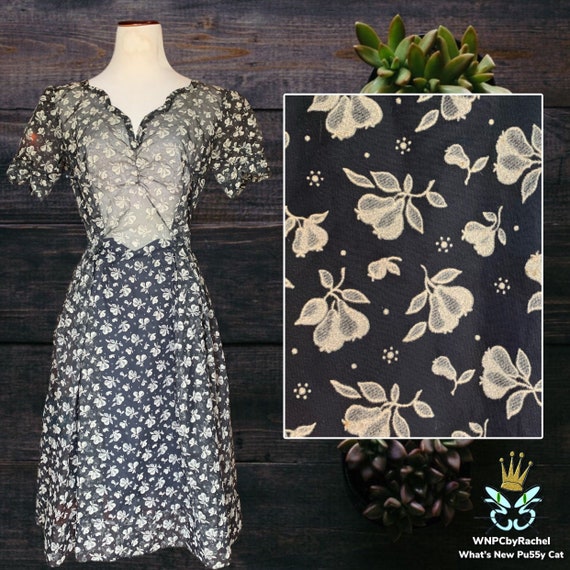1940s Pear Flocked Navy Organza Dress, Medium
