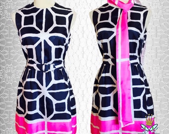 Vestido de acetato con diseño de arte óptico, años 70, talla pequeña-mediana