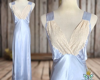 1930s Icy Blue Bias Liquid Satin Nightgown, Small-Medium