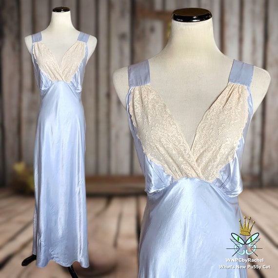 1930s Icy Blue Bias Liquid Satin Nightgown, Small… - image 1