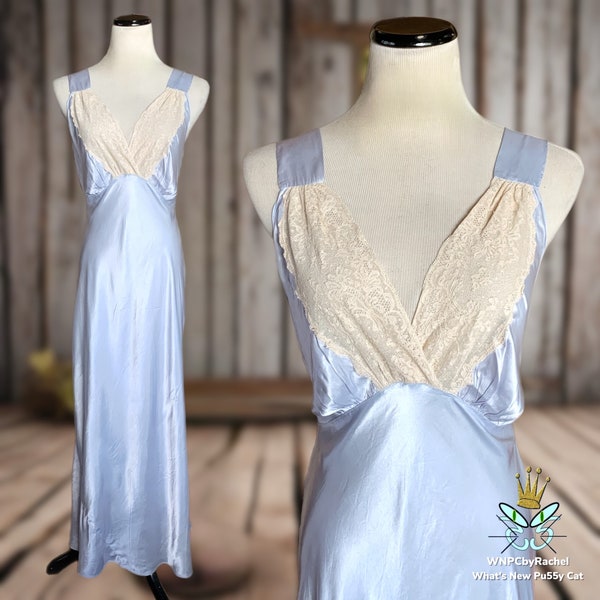 1930s Icy Blue Bias Liquid Satin Nightgown, Small-Medium