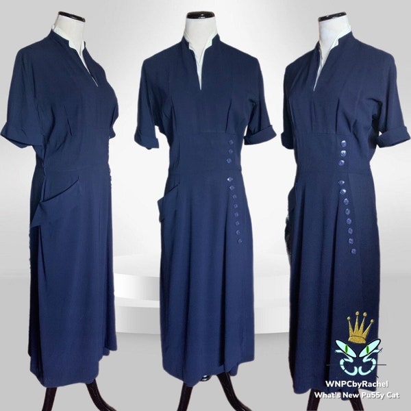 1940s Reich Original Rayon Crepe Day Dress, Medium-Large