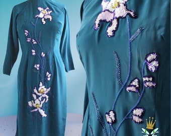 1990s Peacock Hand Beaded Ao Dai Tunic, Medium-Large