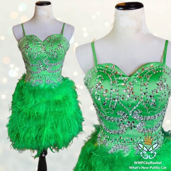 1980s Green Beaded and Marabou Feather Costume Dr… - image 1
