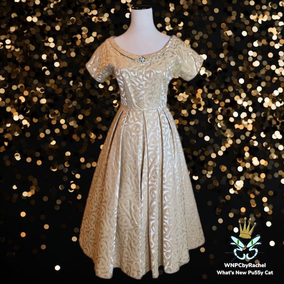 1950s Gold Jacquard Cocktail Dress, Extra Small-Small 1950s Gold Jacquard Cocktail Dress, Extra Small-Small