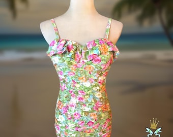 Traje de baño de algodón floral fruncido Alix of Miami, década de 1950, talla pequeña-mediana
