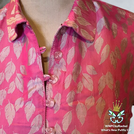 1980s Pink Silver Silk Jacquard Blouse, Small - image 3