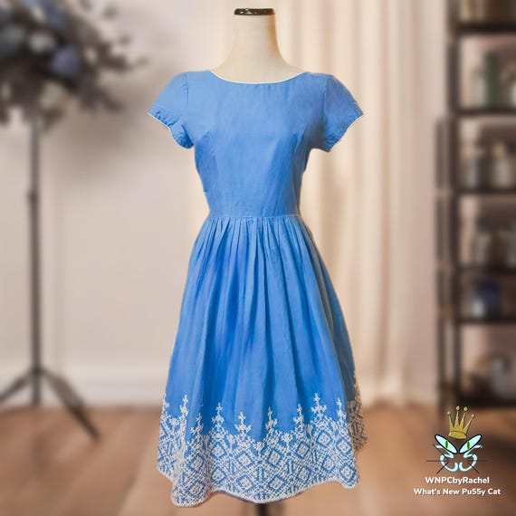 1950s Youth Fair Juniors Cross Stitch Cotton Dress, Small-medium